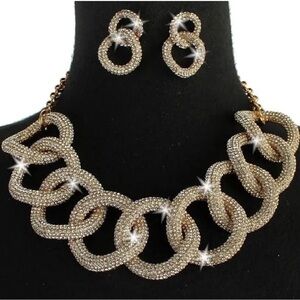 Statement Gold Micro Pave Crystal Chunky Curb Chain Link Necklace Earring Cz Set